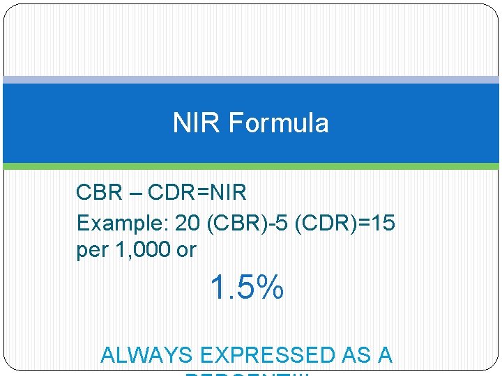 NIR Formula CBR – CDR=NIR Example: 20 (CBR)-5 (CDR)=15 per 1, 000 or 1. NIR Formula CBR – CDR=NIR Example: 20 (CBR)-5 (CDR)=15 per 1, 000 or 1.