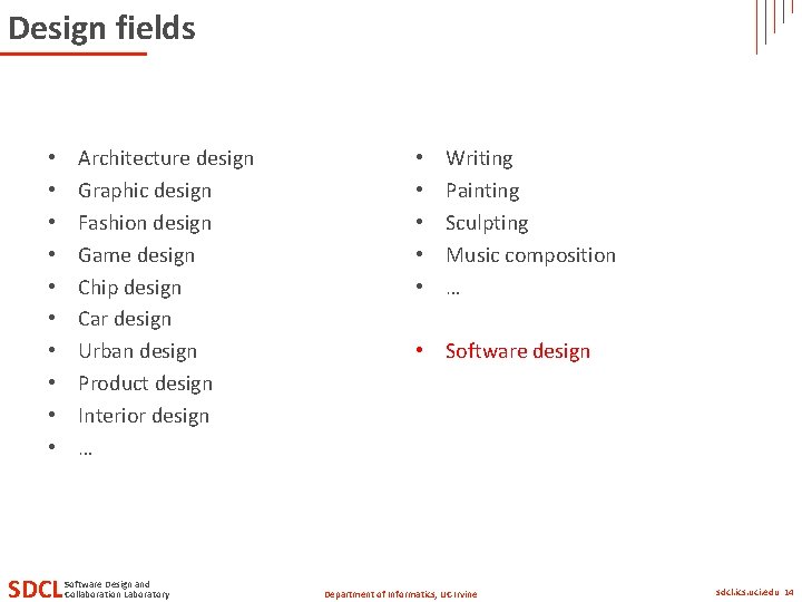 Design fields • • • SDCL Architecture design Graphic design Fashion design Game design
