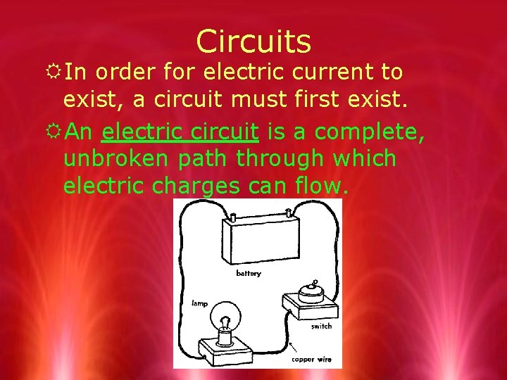 Circuits RIn order for electric current to exist, a circuit must first exist. RAn