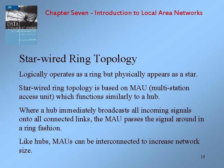 Chapter Seven - Introduction to Local Area Networks Star-wired Ring Topology Logically operates as