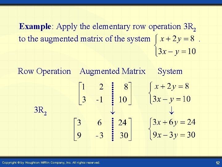 Example: Apply the elementary row operation 3 R 2 to the augmented matrix of
