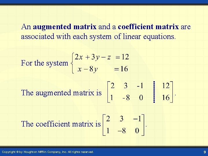 An augmented matrix and a coefficient matrix are associated with each system of linear