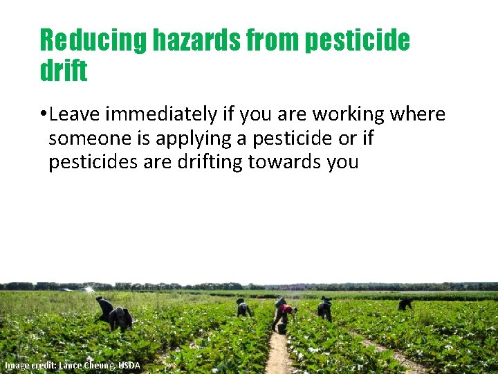 Reducing hazards from pesticide drift • Leave immediately if you are working where someone
