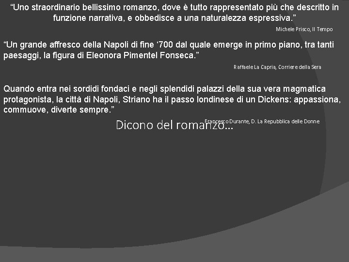 “Uno straordinario bellissimo romanzo, dove è tutto rappresentato più che descritto in funzione narrativa,