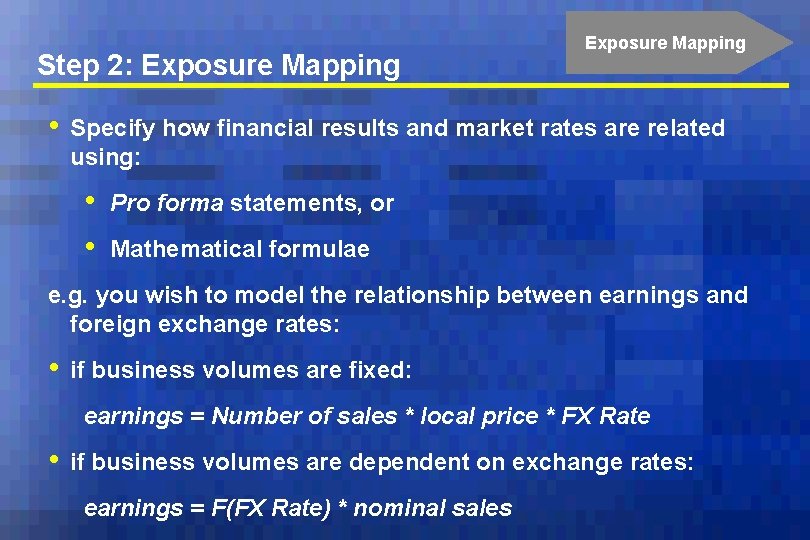 Step 2: Exposure Mapping • Exposure Mapping Specify how financial results and market rates