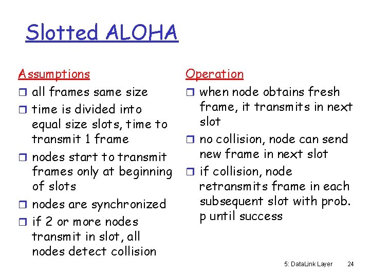 Slotted ALOHA Assumptions r all frames same size r time is divided into equal