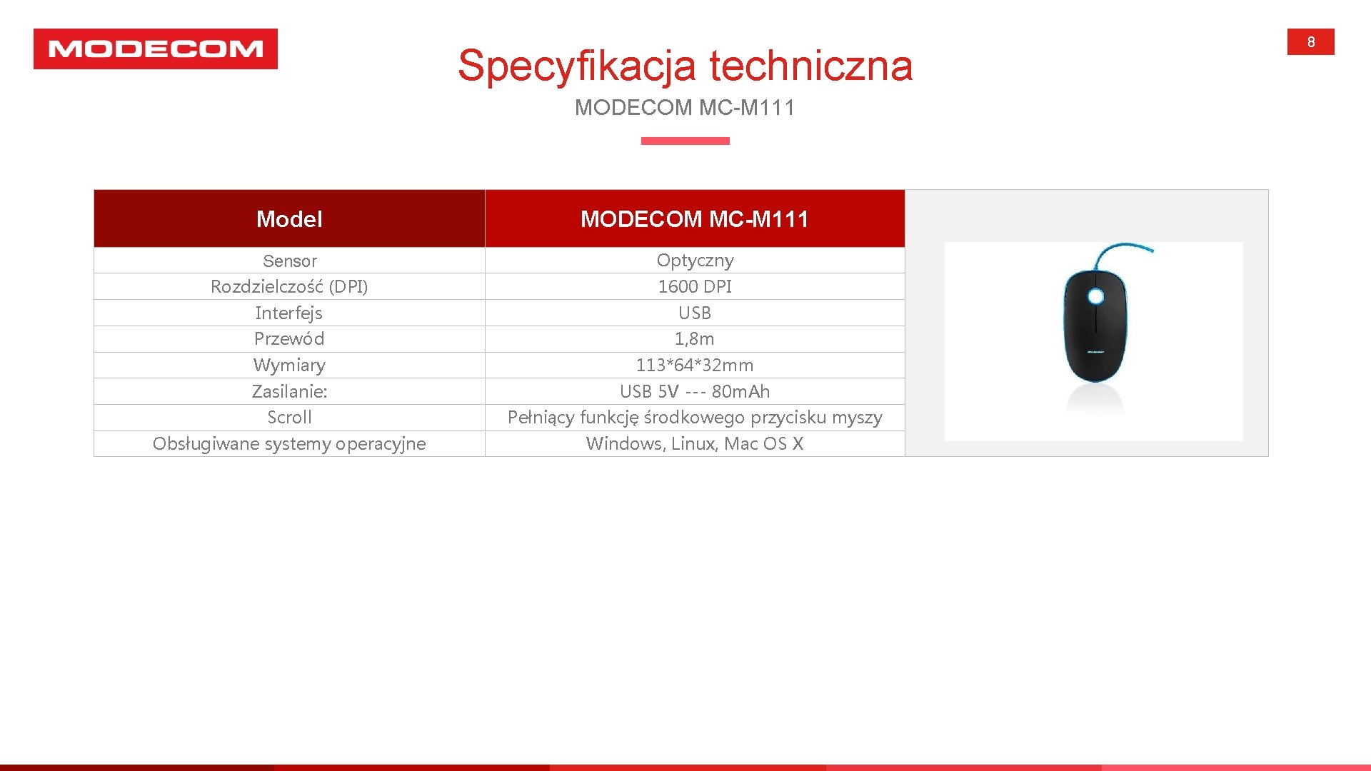 Specyfikacja techniczna MODECOM MC-M 111 Model MODECOM MC-M 111 Sensor Optyczny Rozdzielczość (DPI) 1600