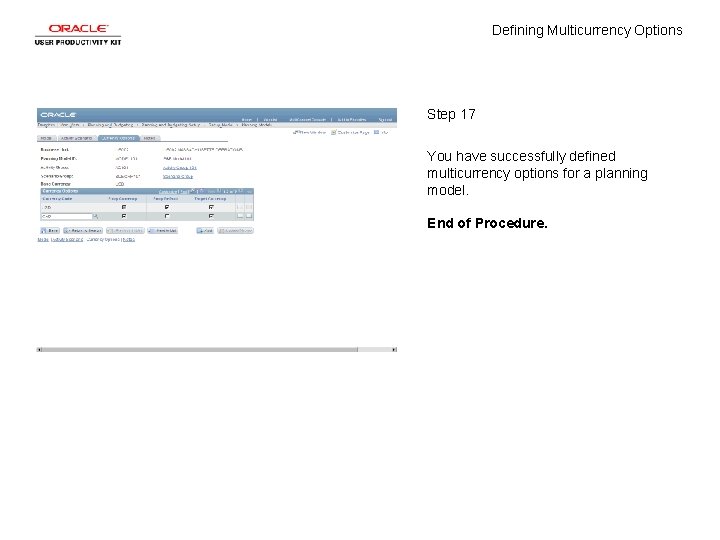 Defining Multicurrency Options Step 17 You have successfully defined multicurrency options for a planning