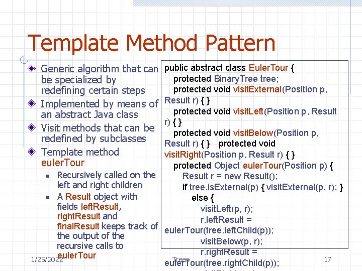 Template Method Pattern Generic algorithm that can be specialized by redefining certain steps Implemented