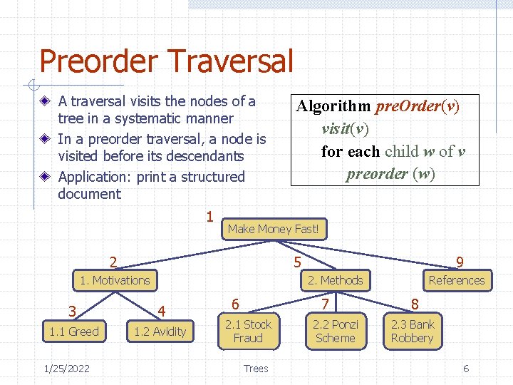 Preorder Traversal A traversal visits the nodes of a tree in a systematic manner