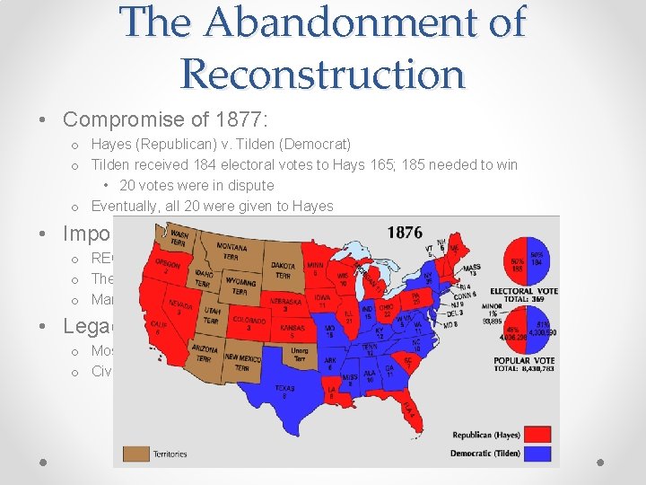 The Abandonment of Reconstruction • Compromise of 1877: o Hayes (Republican) v. Tilden (Democrat)