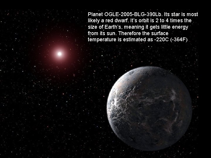 Planet OGLE-2005 -BLG-390 Lb. Its star is most likely a red dwarf. It’s orbit