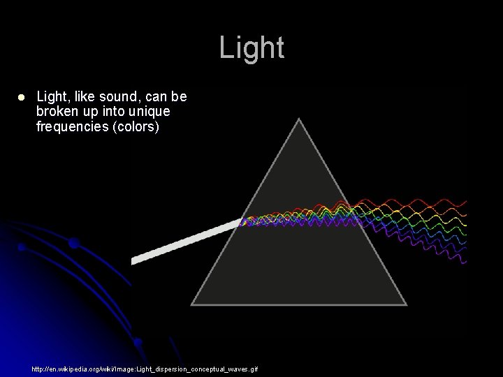 Light l Light, like sound, can be broken up into unique frequencies (colors) http: