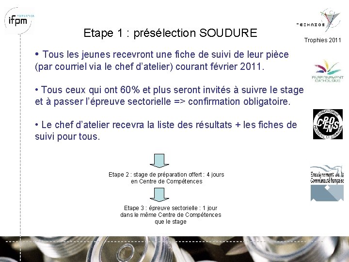 Etape 1 : présélection SOUDURE • Tous les jeunes recevront une fiche de suivi