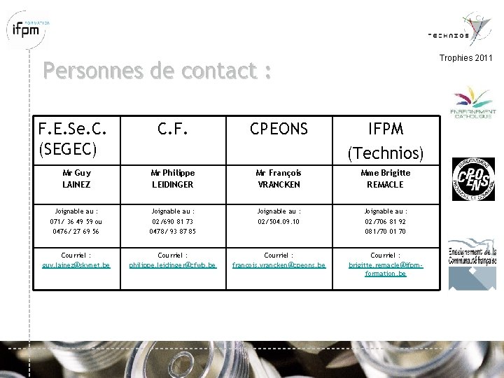 Trophies 2011 Personnes de contact : F. E. Se. C. (SEGEC) C. F. CPEONS