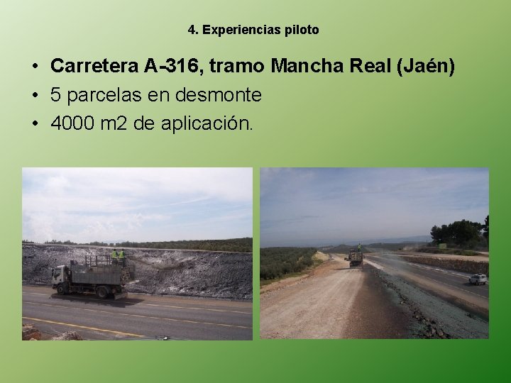 4. Experiencias piloto • Carretera A-316, tramo Mancha Real (Jaén) • 5 parcelas en