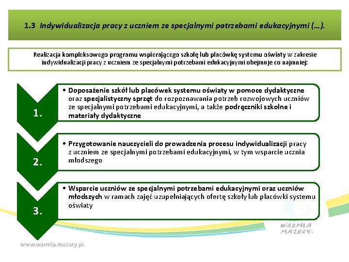 1. 3 Indywidualizacja pracy z uczniem ze specjalnymi potrzebami edukacyjnymi (…). Realizacja kompleksowego programu