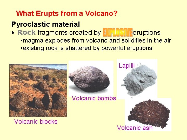 What Erupts from a Volcano? Pyroclastic material • Rock fragments created by eruptions •
