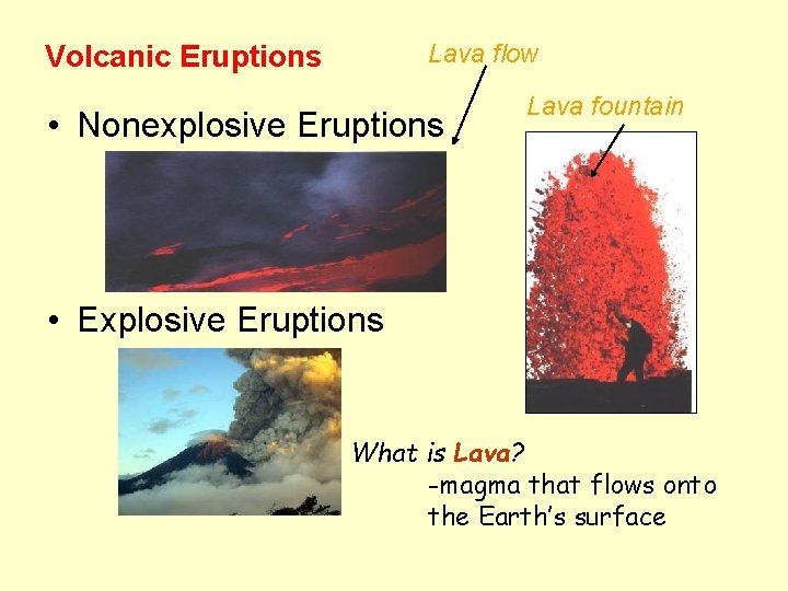 Lava flow Volcanic Eruptions • Nonexplosive Eruptions Lava fountain • Explosive Eruptions What is