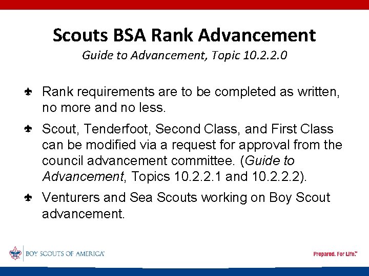 Scouts BSA Rank Advancement Guide to Advancement, Topic 10. 2. 2. 0 Rank requirements