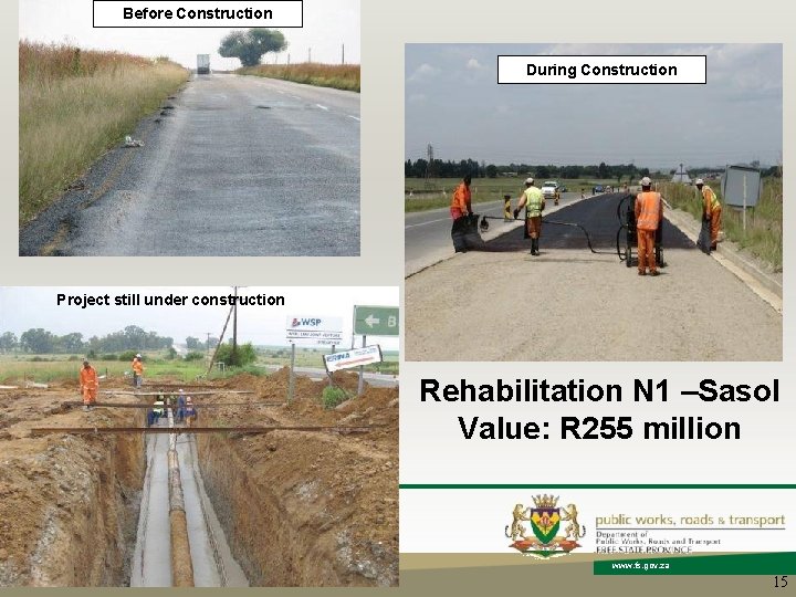 Before Construction During Construction Project still under construction Rehabilitation N 1 –Sasol Value: R