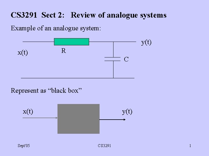 CS 3291 Sect 2: Review of analogue systems Example of an analogue system: y(t)