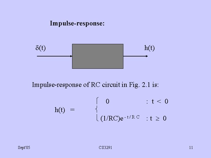 Impulse-response: (t) h(t) Impulse-response of RC circuit in Fig. 2. 1 is: h(t) =