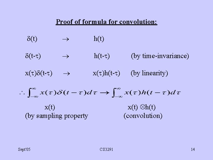 Proof of formula for convolution: (t) h(t) (t- ) h(t- ) (by time-invariance) x(