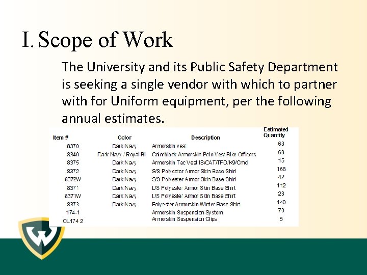 I. Scope of Work The University and its Public Safety Department is seeking a