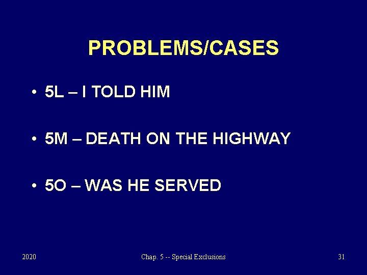 PROBLEMS/CASES • 5 L – I TOLD HIM • 5 M – DEATH ON