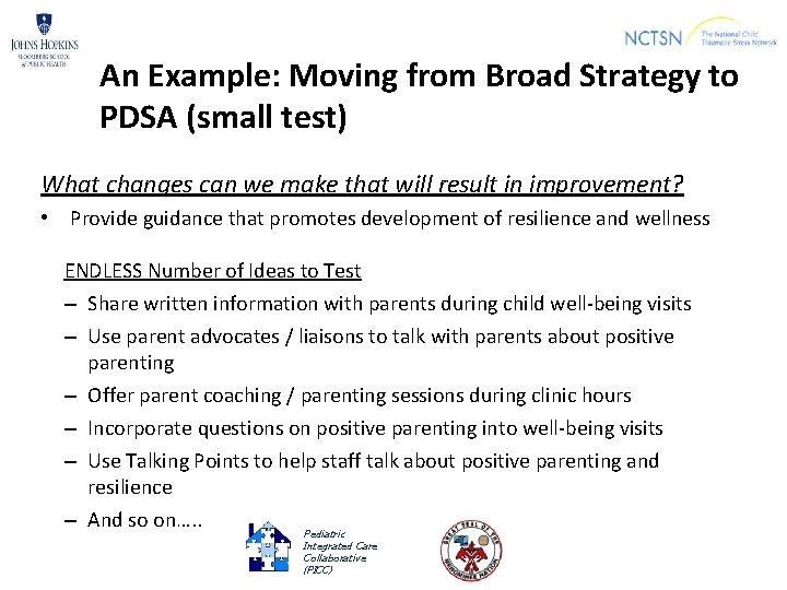 An Example: Moving from Broad Strategy to PDSA (small test) What changes can we