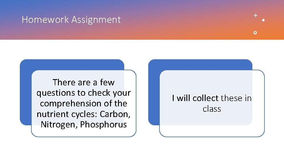 Homework Assignment There a few questions to check your comprehension of the nutrient cycles: