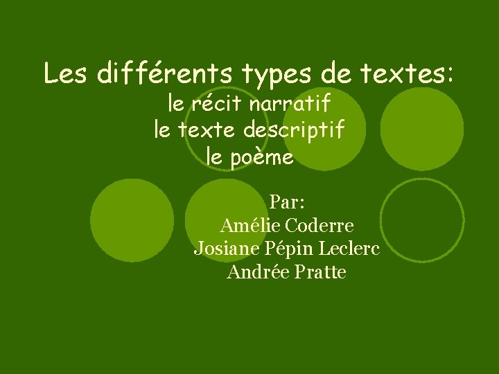 Les différents types de textes: le récit narratif le texte descriptif le poème Par: