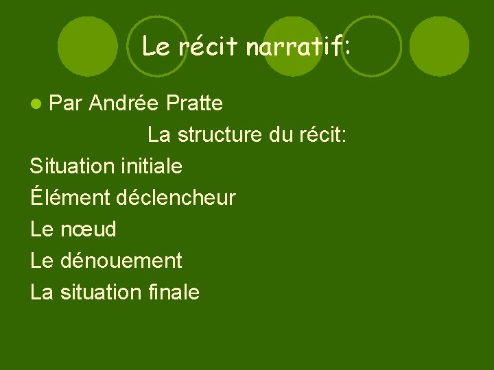 Le récit narratif: l Par Andrée Pratte La structure du récit: Situation initiale Élément