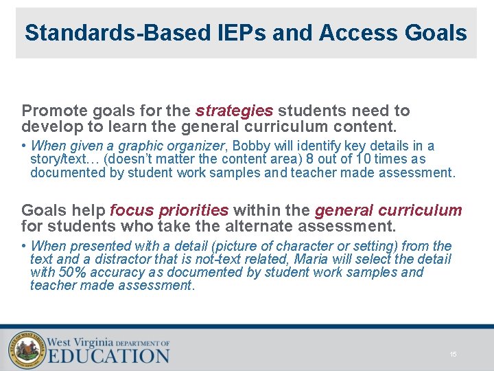 Standards-Based IEPs and Access Goals Promote goals for the strategies students need to develop