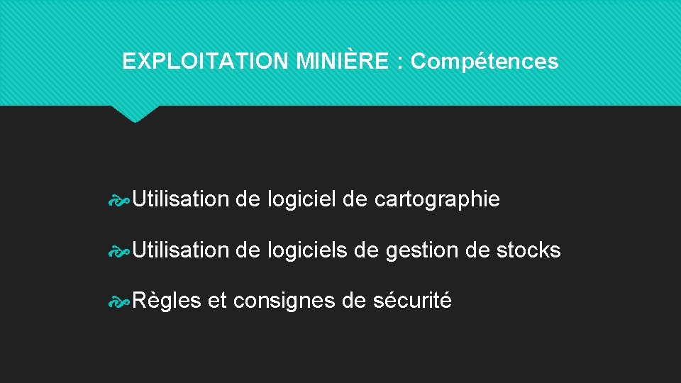 EXPLOITATION MINIÈRE : Compétences Utilisation de logiciel de cartographie Utilisation de logiciels de gestion