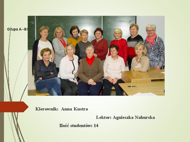 Grupa A--8/IV Kierownik: Anna Kustra Lektor: Agnieszka Nahurska Ilość studentów: 14 