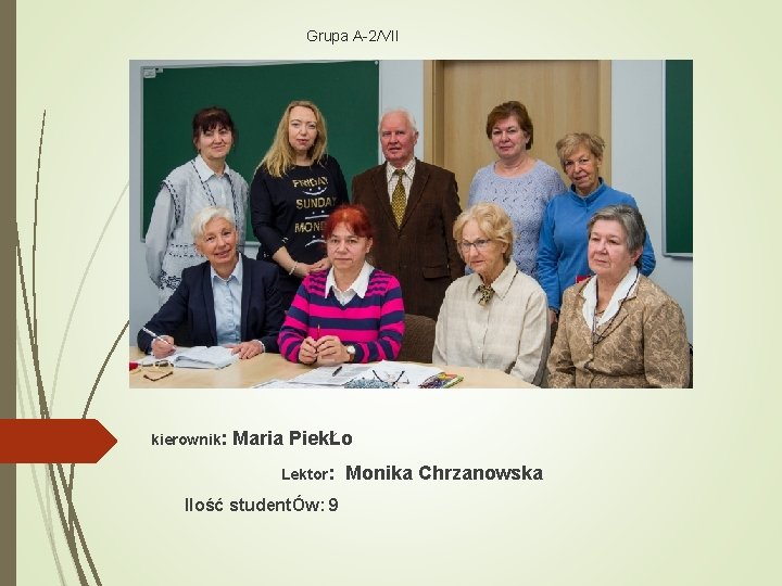 Grupa A-2/VII kierownik: Maria PiekŁo Lektor: Ilość studentÓw: 9 Monika Chrzanowska 