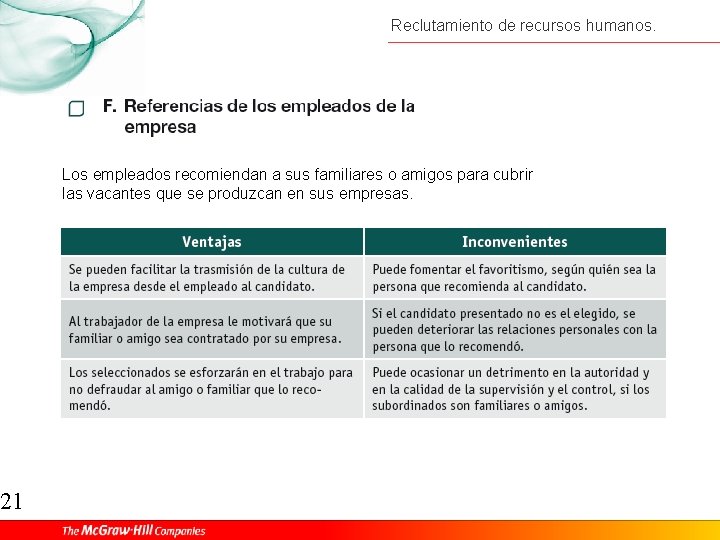 21 Reclutamiento de recursos humanos. Los empleados recomiendan a sus familiares o amigos para