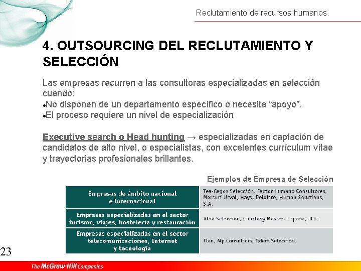 23 Reclutamiento de recursos humanos. 4. OUTSOURCING DEL RECLUTAMIENTO Y SELECCIÓN Las empresas recurren