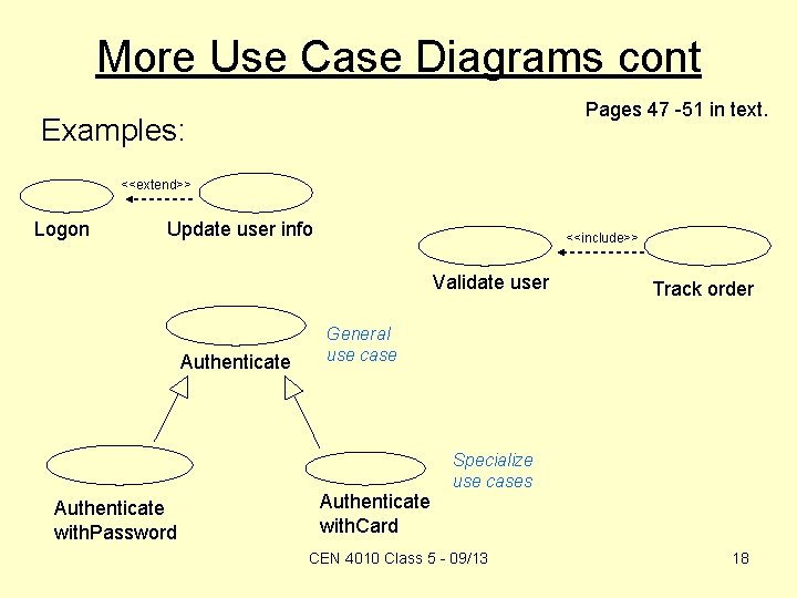 More Use Case Diagrams cont Pages 47 -51 in text. Examples: <<extend>> Logon Update