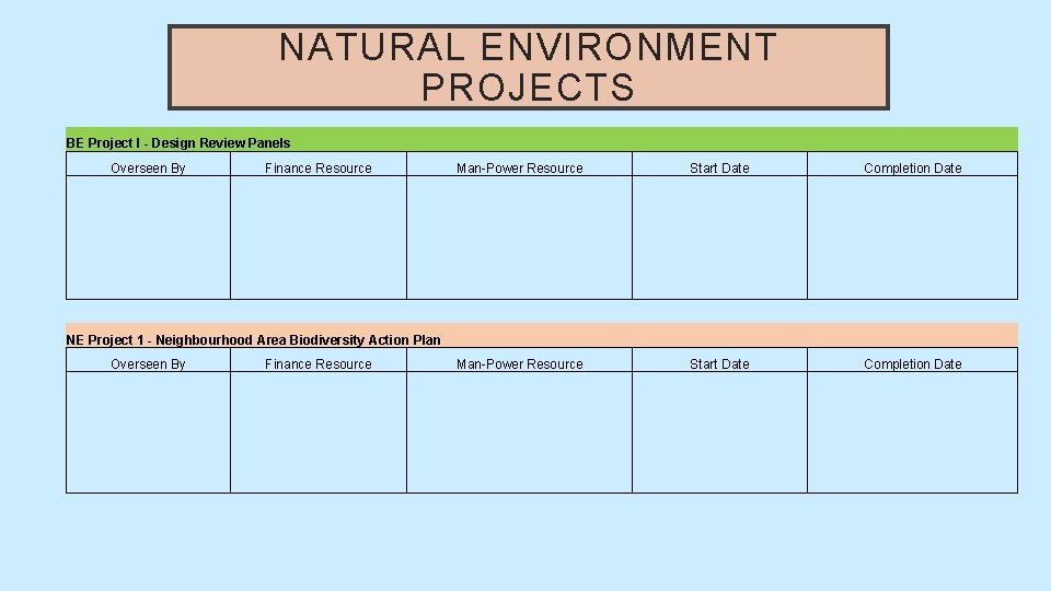 NATURAL ENVIRONMENT PROJECTS BE Project I - Design Review Panels Overseen By Finance Resource