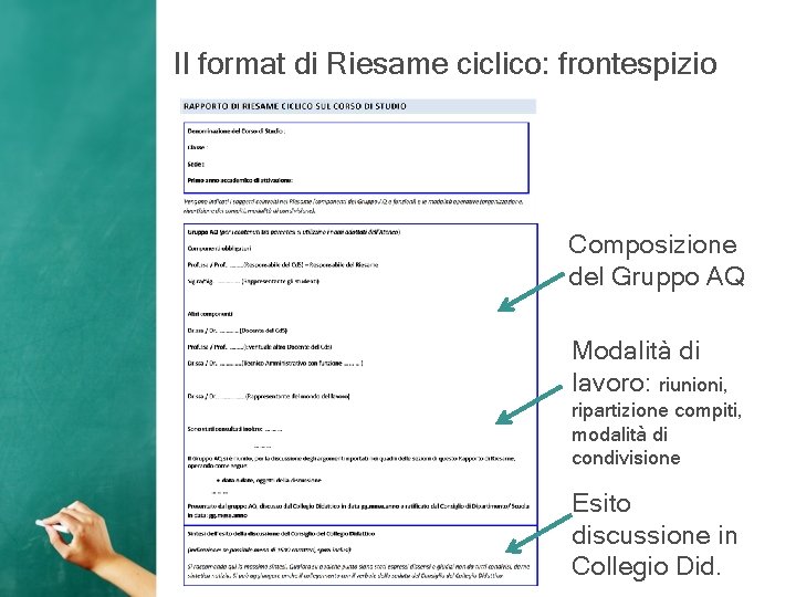 Il format di Riesame ciclico: frontespizio Composizione del Gruppo AQ Modalità di lavoro: riunioni,