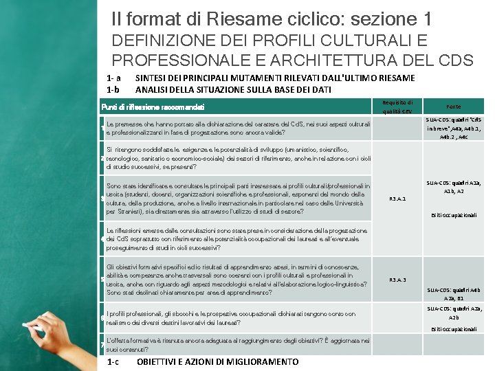 Il format di Riesame ciclico: sezione 1 DEFINIZIONE DEI PROFILI CULTURALI E PROFESSIONALE E