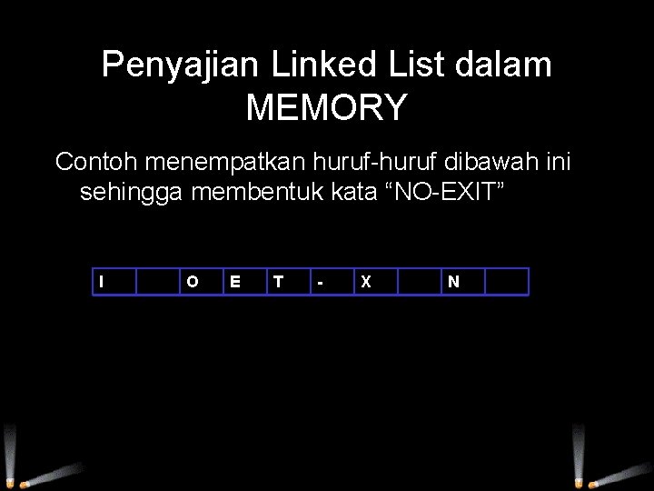 Penyajian Linked List dalam MEMORY Contoh menempatkan huruf-huruf dibawah ini sehingga membentuk kata “NO-EXIT”