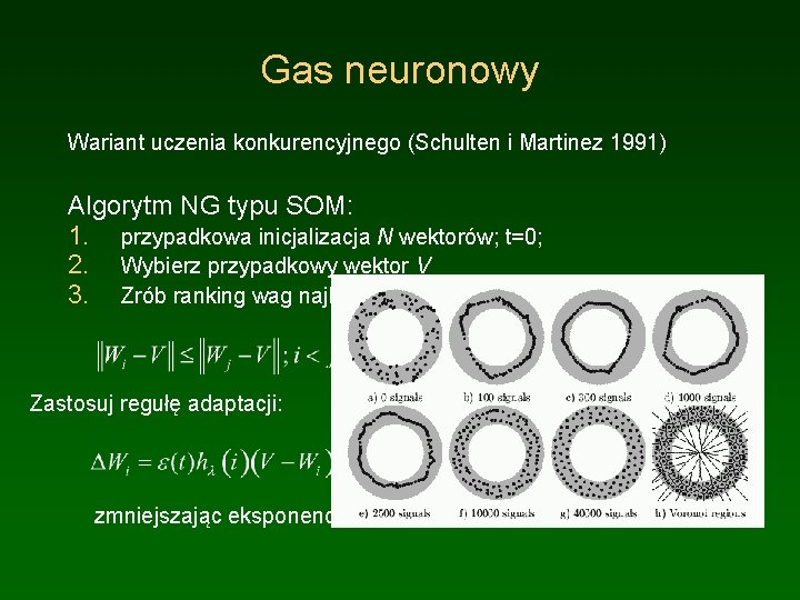 Gas neuronowy Wariant uczenia konkurencyjnego (Schulten i Martinez 1991) Algorytm NG typu SOM: 1.