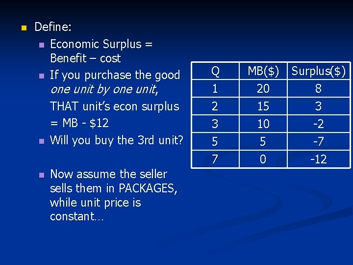 n Define: n Economic Surplus = Benefit – cost n If you purchase the