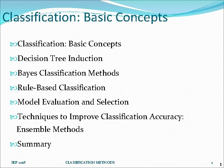 Classification: Basic Concepts Decision Tree Induction Bayes Classification Methods Rule-Based Classification Model Evaluation and