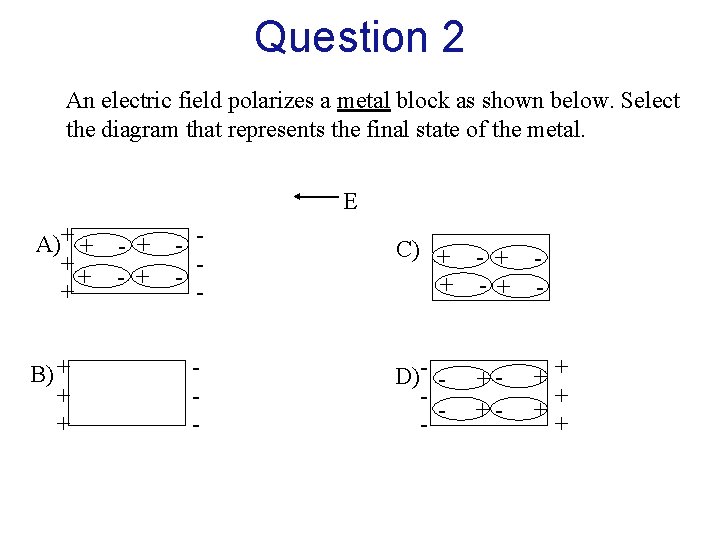 Question 2 An electric field polarizes a metal block as shown below. Select the