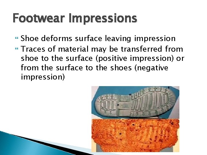 Footwear Impressions Shoe deforms surface leaving impression Traces of material may be transferred from